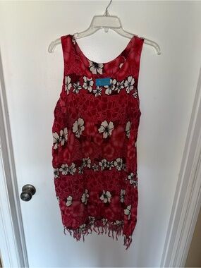 Girls Red Floral Sleeveless Fringe-Hem Casual Dress